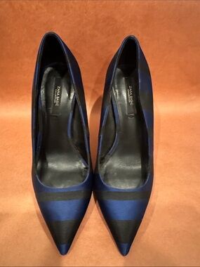 Zara Blue and Black Striped Pointed Pumps